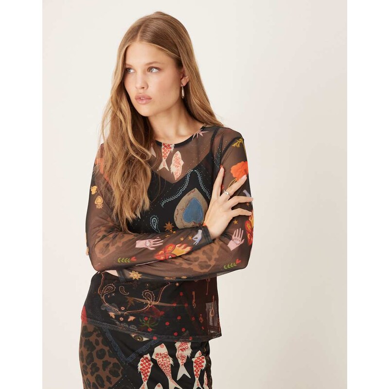 Never Fully Dressed long sleeve mesh top co-ord in multi-colour