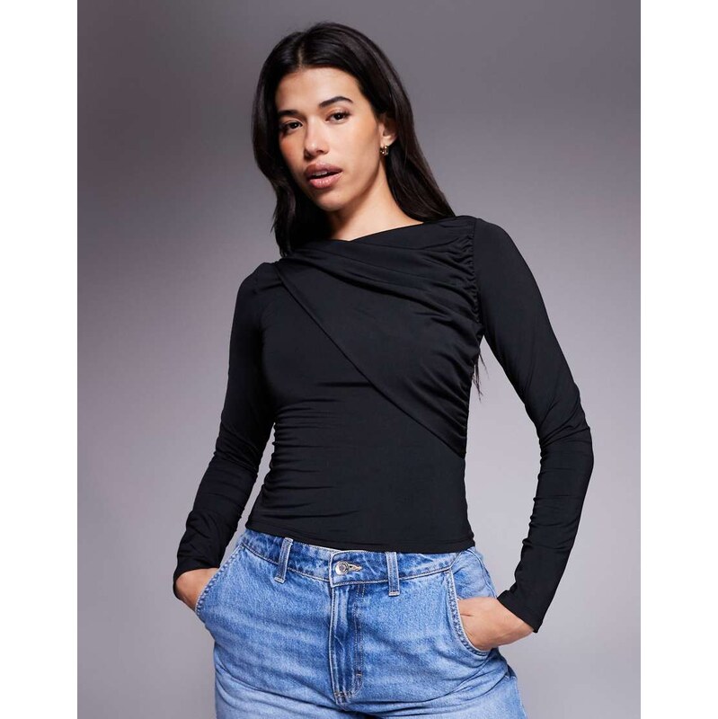 ASOS DESIGN slinky drape detail long sleeve top in black