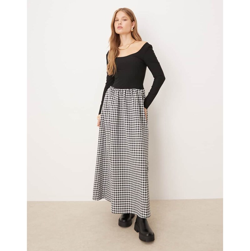 ASOS DESIGN hybrid scoop neck maxi dress in mono gingham skirt