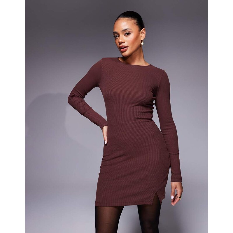 ASOS DESIGN long sleeve mini dress with split hem in chocolate