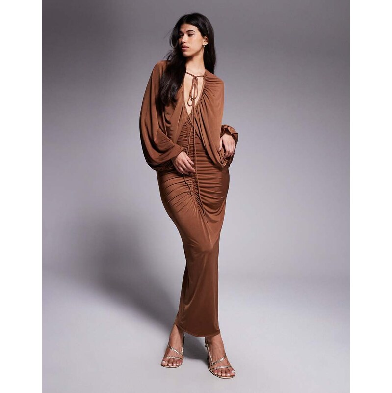 ASOS DESIGN slinky winged sleeve ruched maxi dress in mocha