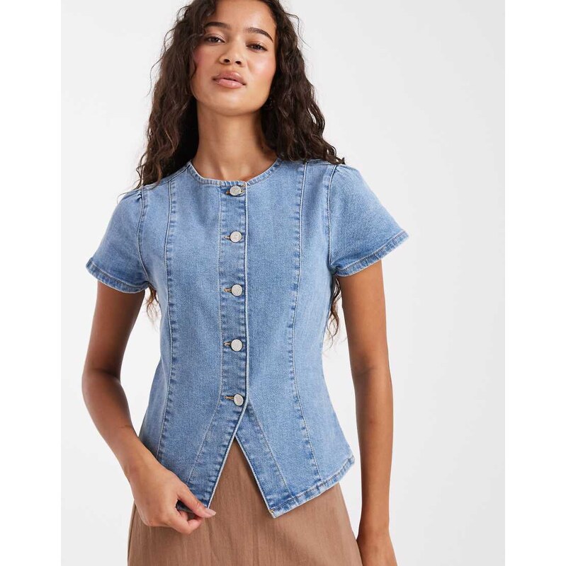 Miss Selfridge short sleeve denim asym top in blue wash 108248717