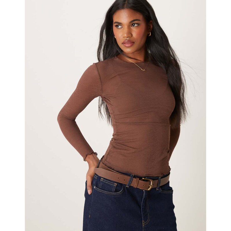 Vila sheer lettuce edge detail high neck top in fudge brown 108244916