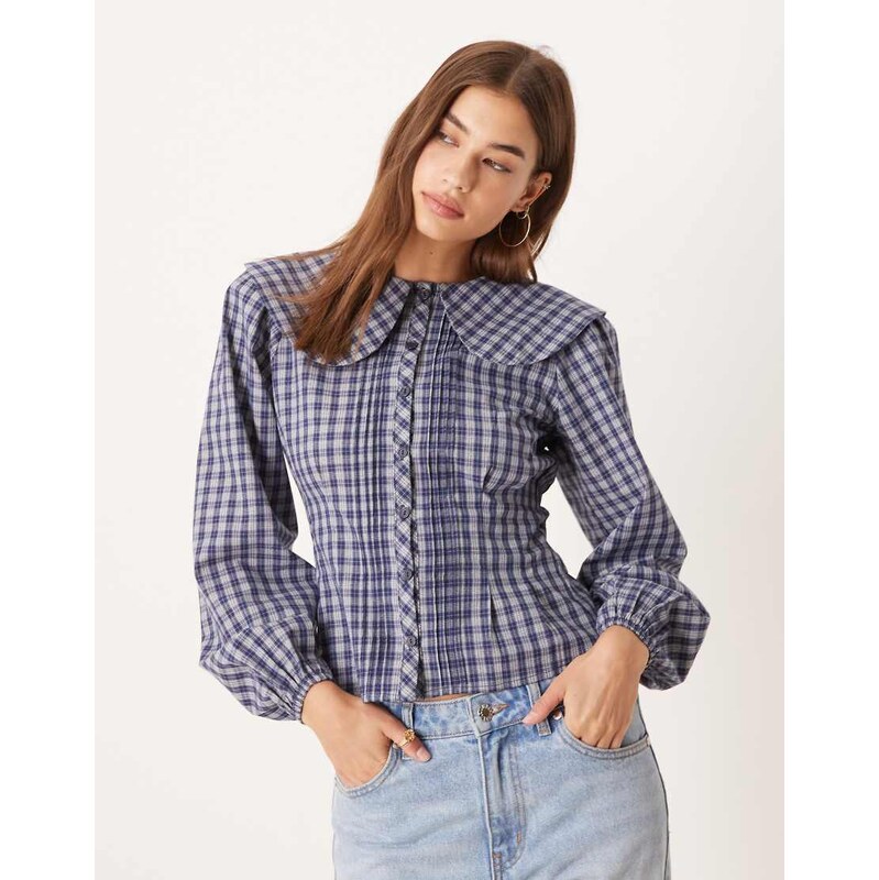 Glamorous dramatic collar sinched blouse in navy check 115585079