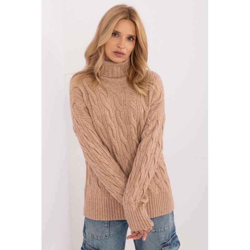 MladaModa Rolákový svetr s ažurovým vzorem model 44500 barva camel 108807701