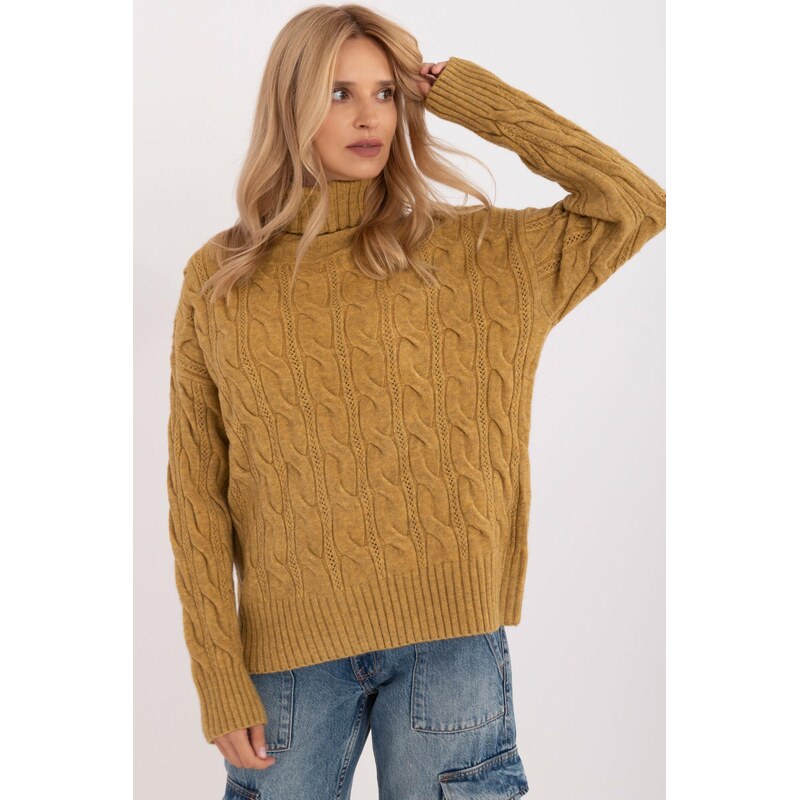 MladaModa Rolákový svetr s ažurovým vzorem model 44500 barva khaki 108807704