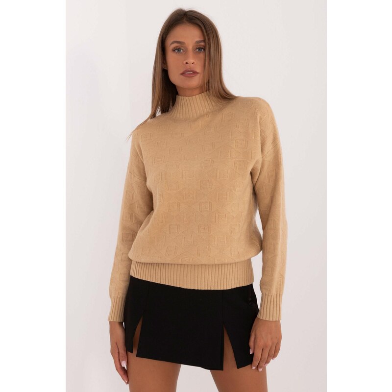 MladaModa Svetr se stojáčkem model 33954 barva světla camel