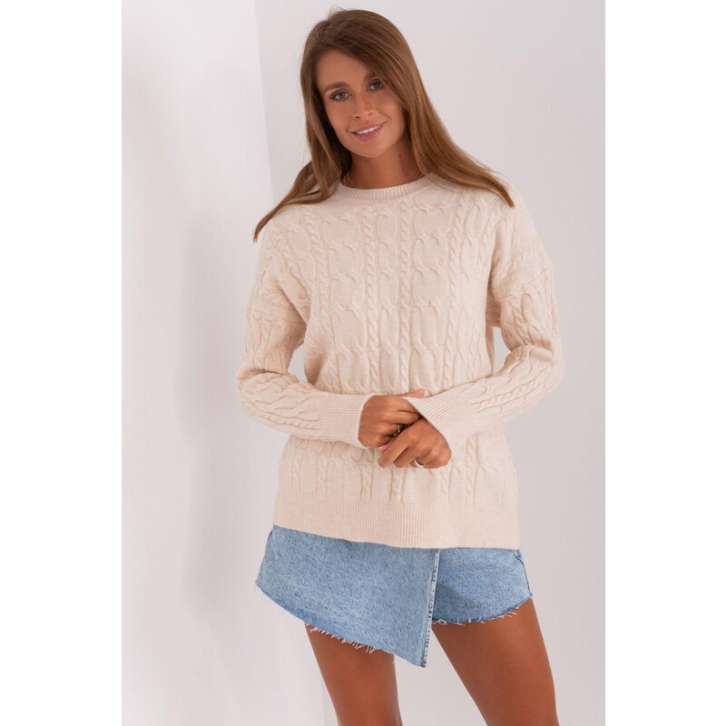 MladaModa Klasický svetr s copánkovým vzorem model 35168 světlý
