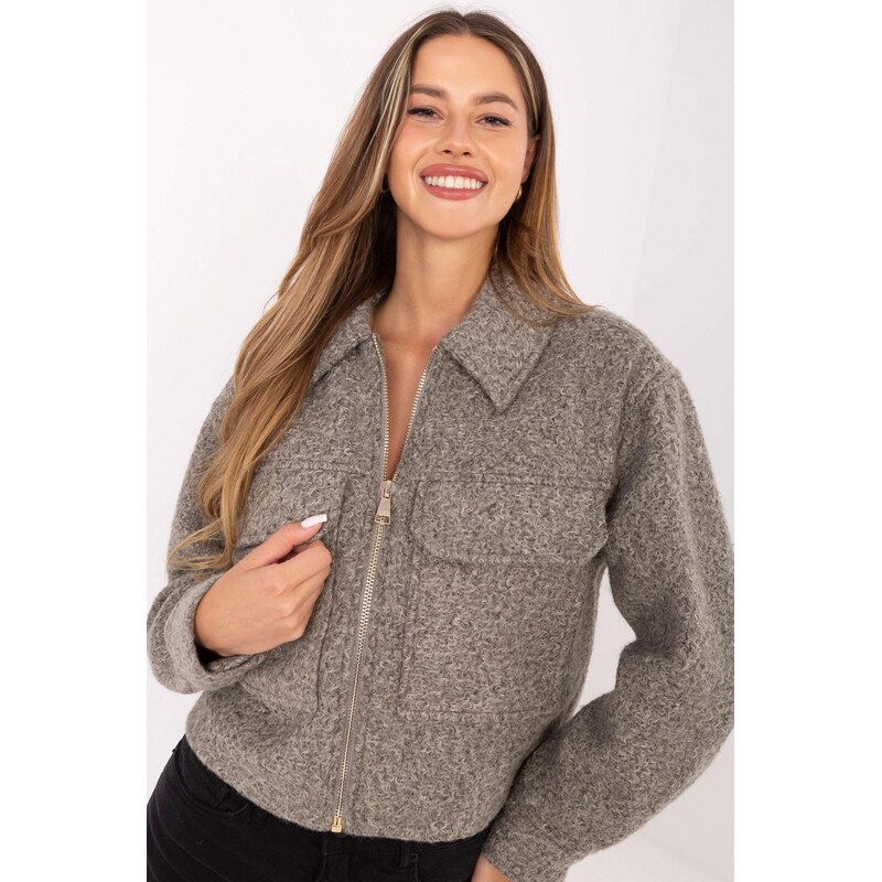 MladaModa Krátká boucle bunda na zip model 43434 šedá 108807774