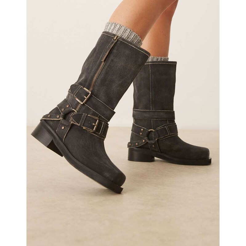 ASOS DESIGN Casey leather hardware biker knee boots in aged black 110141098