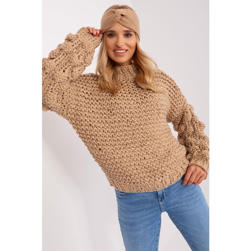 MladaModa Oversize svetr s nadýchanými rukávy model 38297 béžový