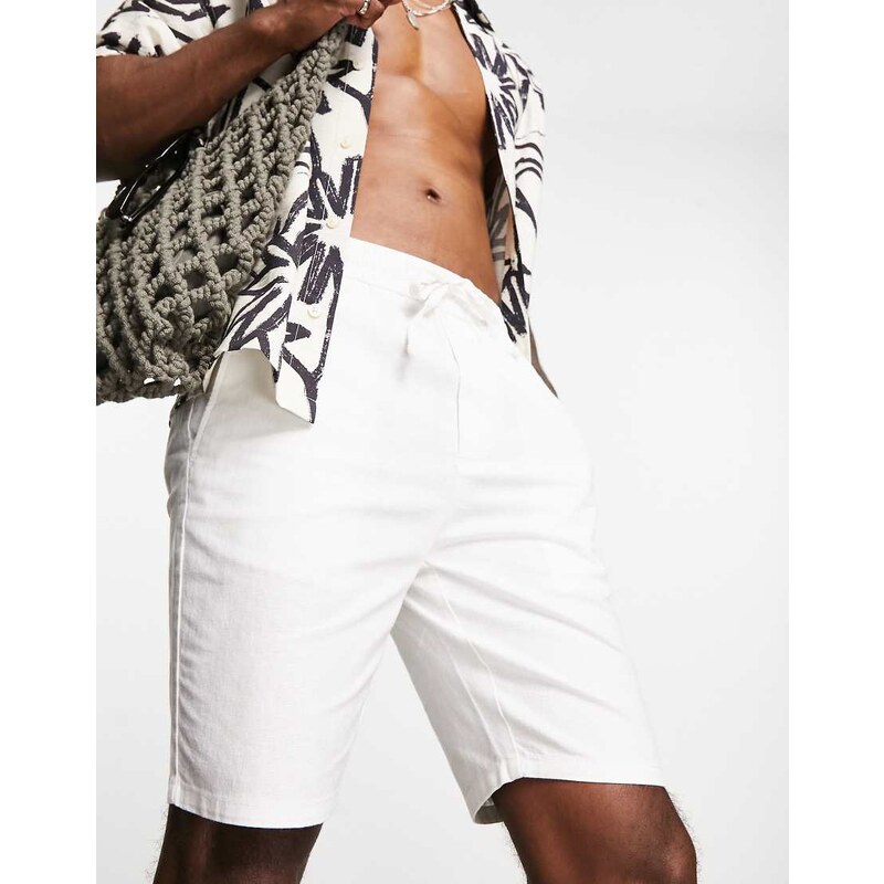 ONLY & SONS linen mix tie waist shorts in white