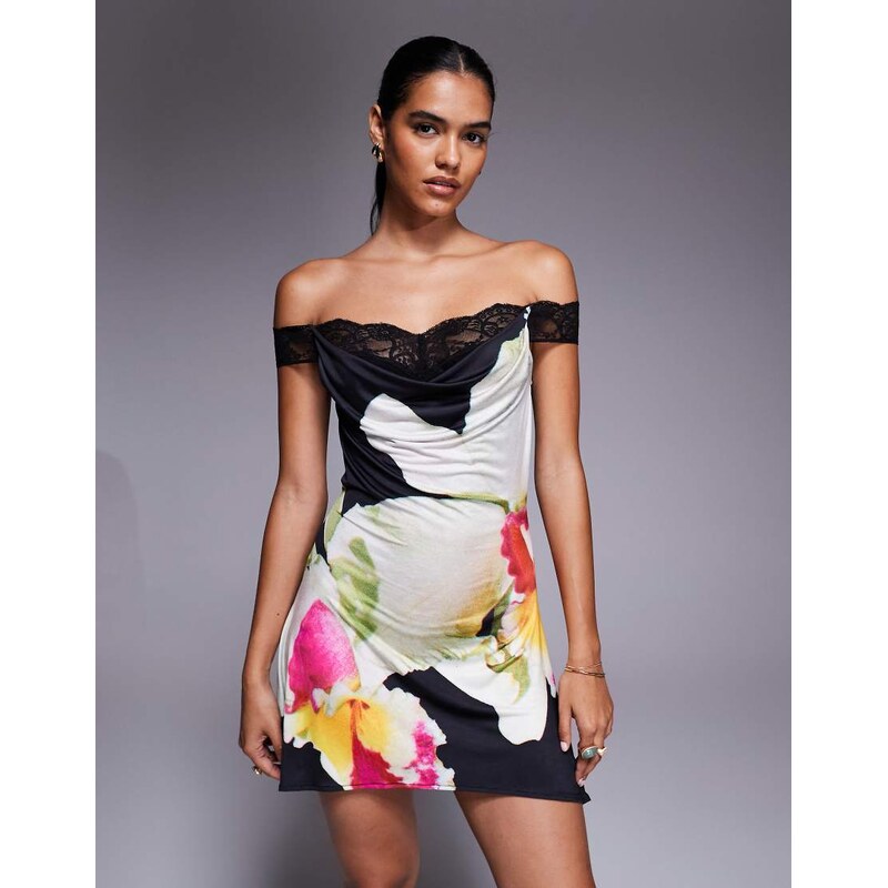 I.AM.GIA Theodora super soft slinky bardot lace cowl neck mini dress 108268413