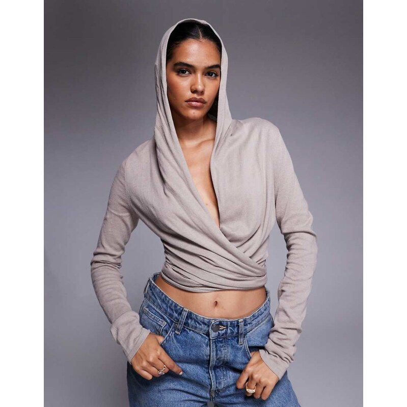I.AM.GIA Irina knitted plunge neck hooded wrap top in beige