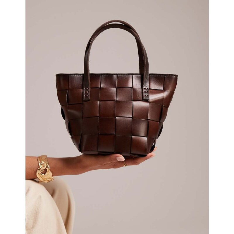 Dragon Diffusion Japan mini woven leather top handle bag in dark brown 108287020