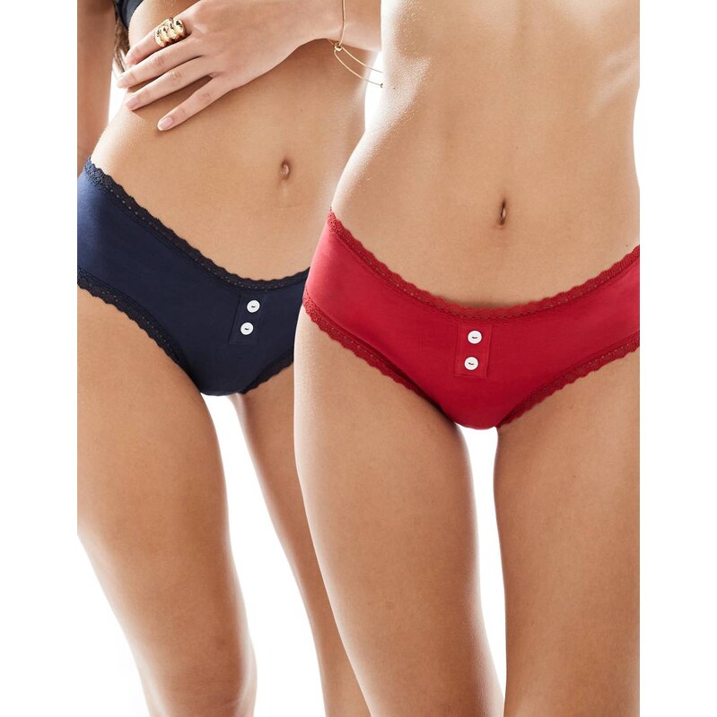 ASOS DESIGN 2 pack hipster short with lace trim and buttons in red & 108287033