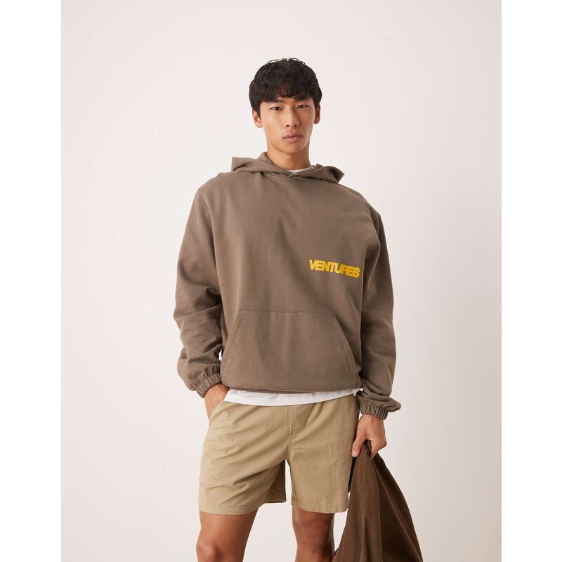 ASOS DESIGN hoodie with street print in brown-Grey