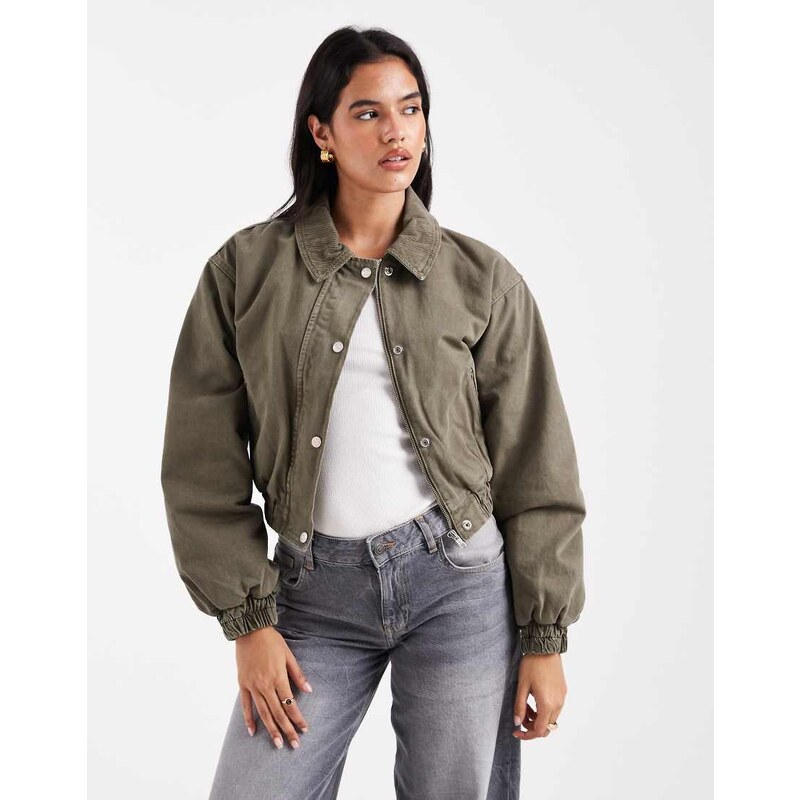 ASOS DESIGN denim bomber jacket in khaki-Green 108287049