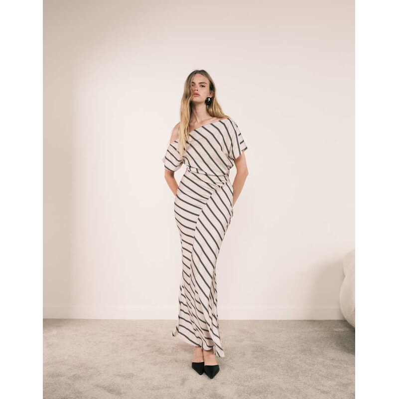 ASOS DESIGN draped asymmetric neck maxi dress in stripe-Multi