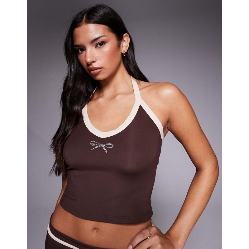 Tiger Mist Alysia contrast trim diamante bow halterneck top co