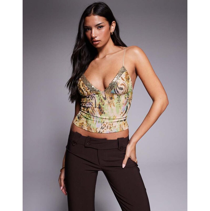 Tiger Mist Fenella sequin trim plunge cami top in vintage animal print 108287067