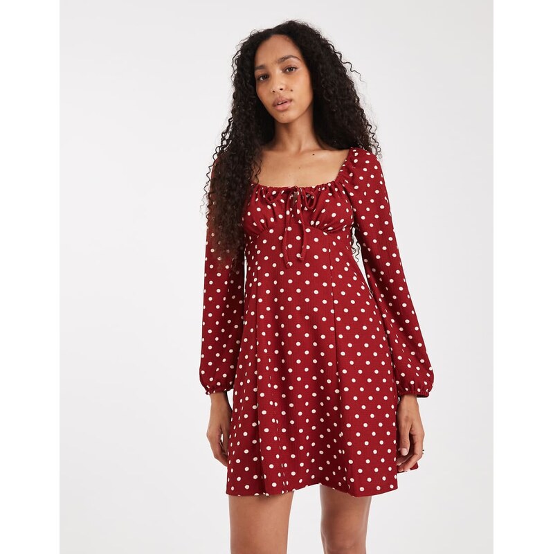 New Look polka dot long sleeve milkmaid mini dress in red