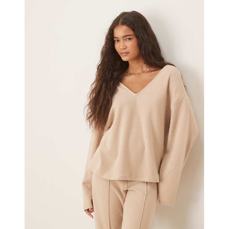 ASOS DESIGN Supersoft v neck long sleeve top in light taupe -