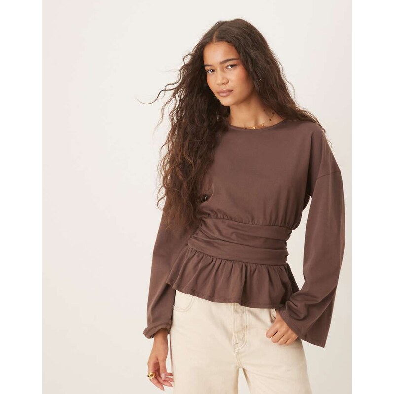 ASOS DESIGN long sleeve peplum t-shirt in brown