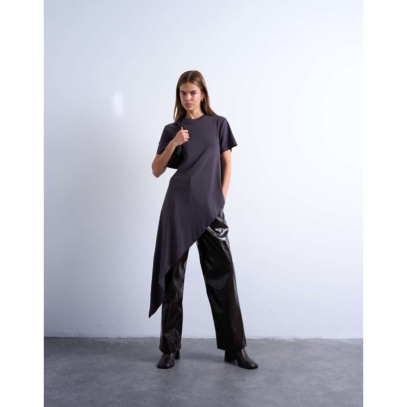 Topshop slinky asymmetric short sleeve tunic top in charcoal
