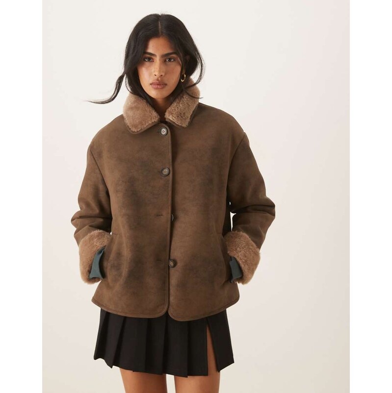 ASOS DESIGN top collar borg car coat in mocha-Brown 108290097