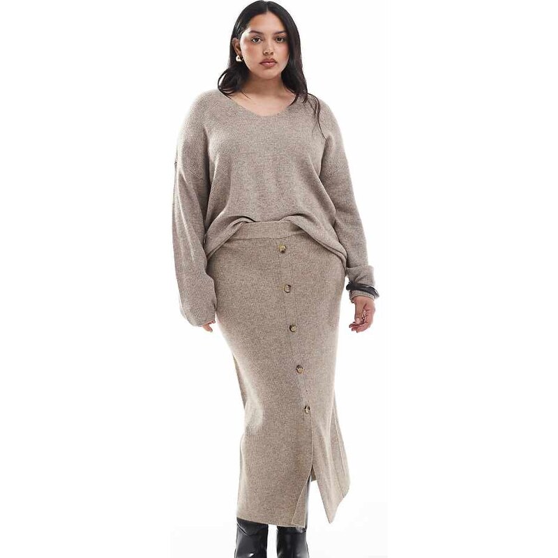 ONLY Curve ribbed midi skirt co-ord in beige-Neutral