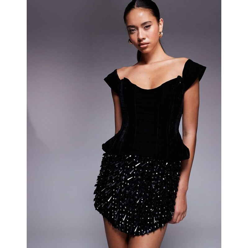 ASOS DESIGN velvet corset fallen shoulder mini dress with embellished 108290116