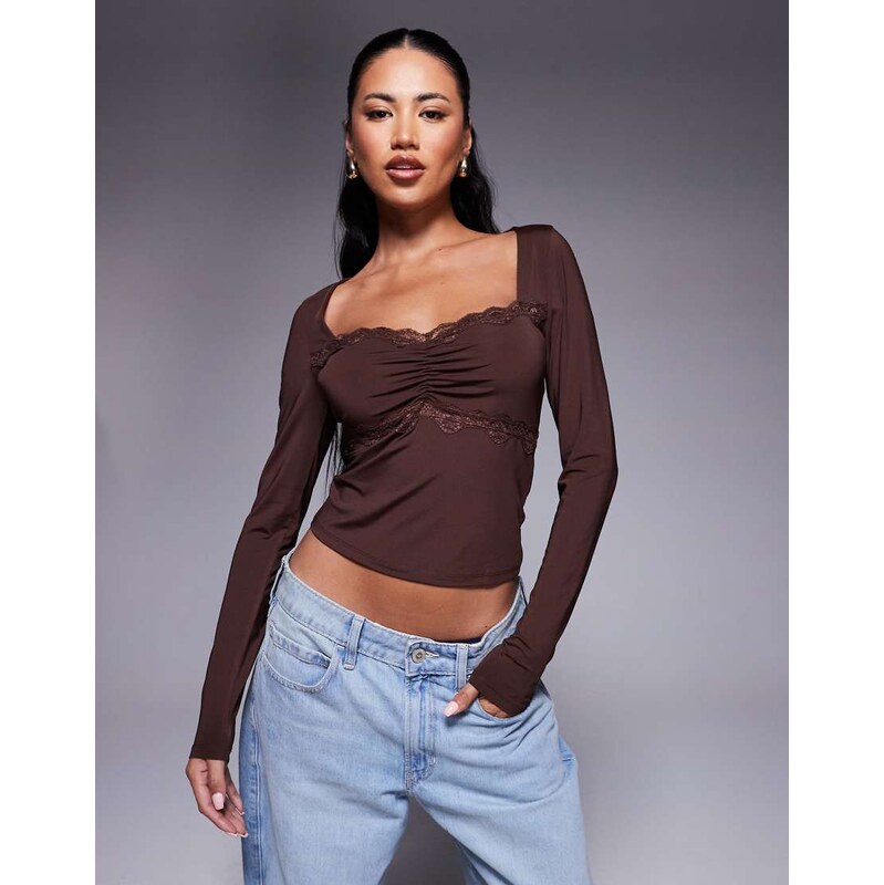 ASOS DESIGN slinky lace trim square neck ruched front long sleeve top in chocolate-Brown