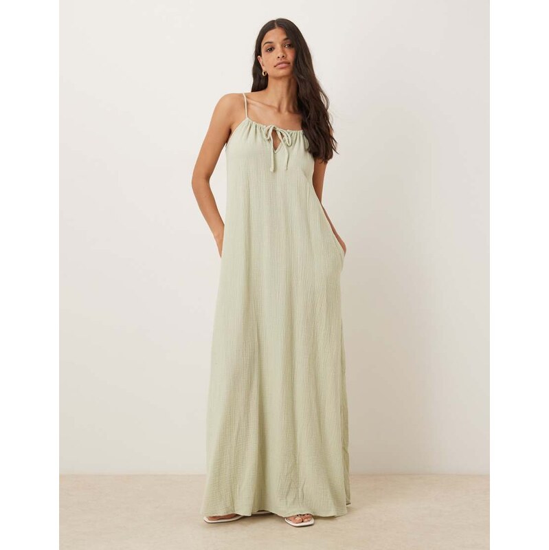 JDY cheesecloth sleeveless tie front maxi dress in sage green