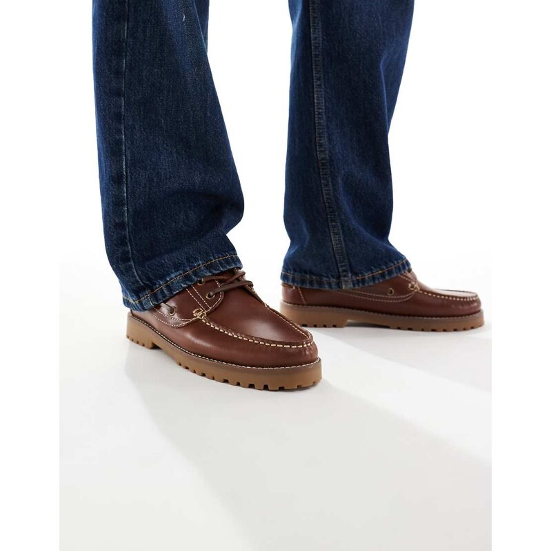 Jack & Jones leather boat shoe in brown