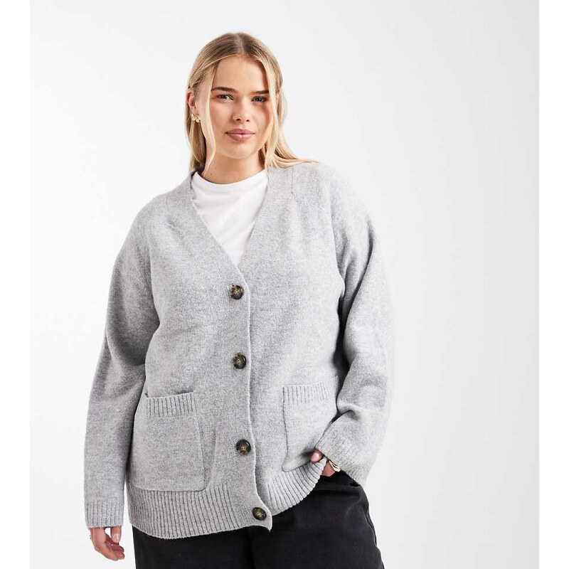 Vero Moda Curve boxy knitted cardigan with pockets in light grey 108290185