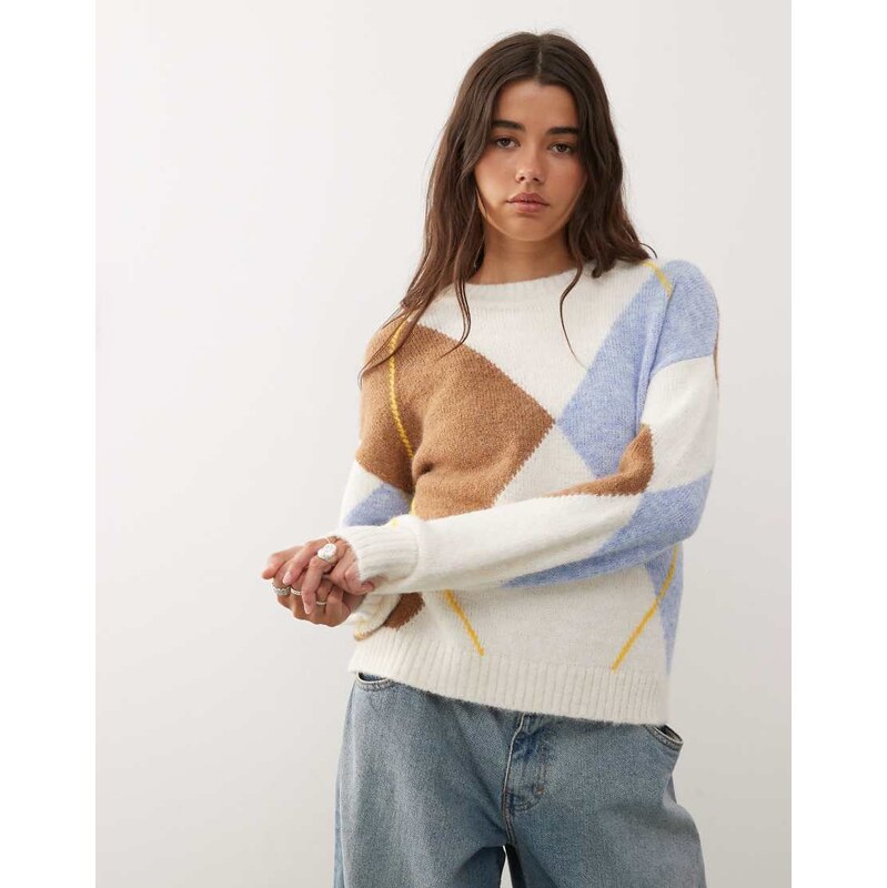 Noisy May argyle jumper in beige check-Neutral