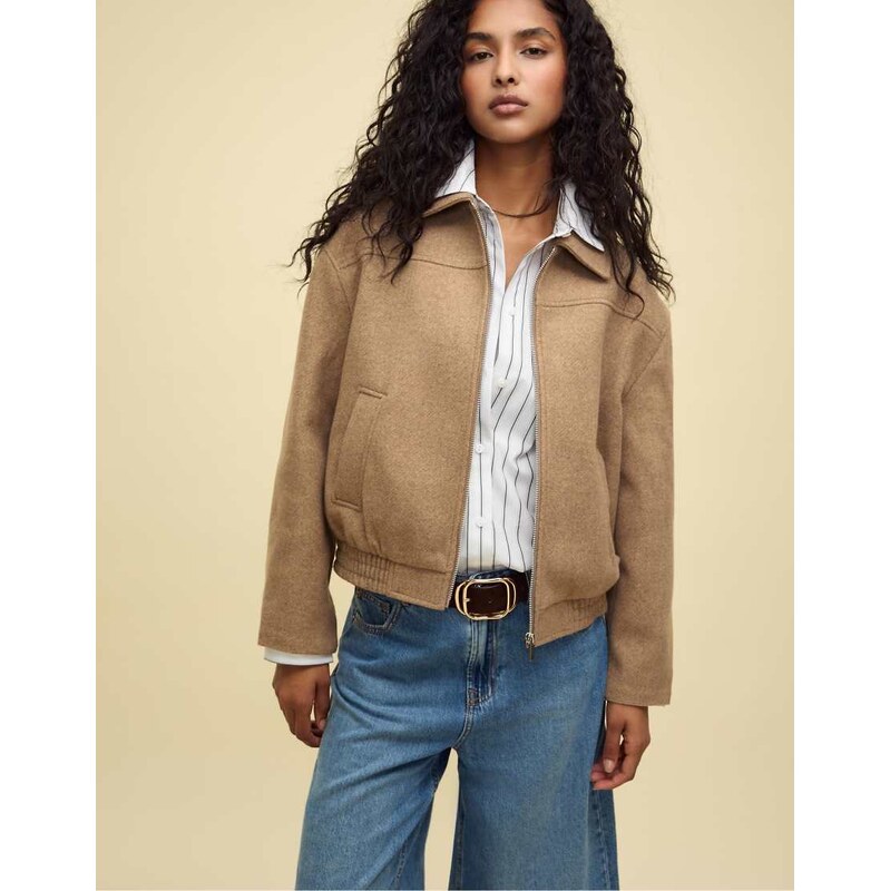Stradivarius Soft-touch bomber jacket in camel-Brown
