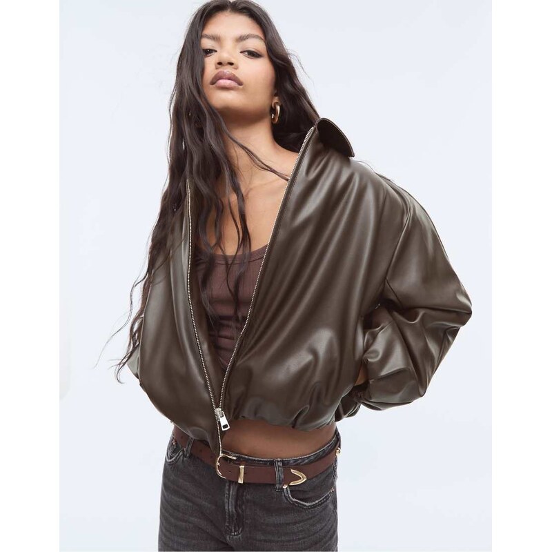 Stradivarius Faux leather quilted bomber jacket in brown