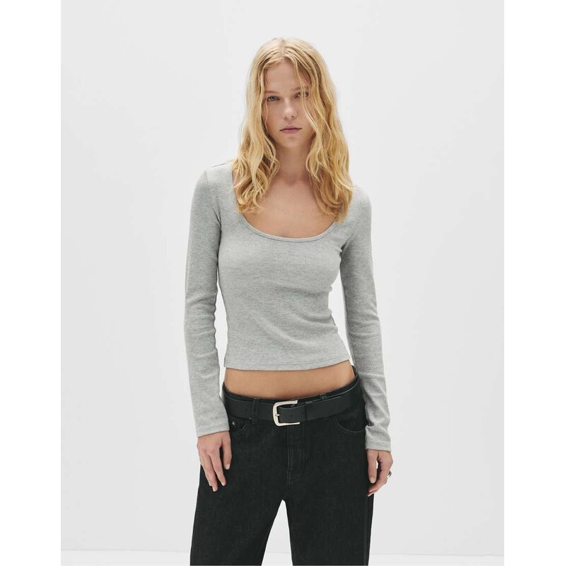 Pull&Bear Ribbed long sleeve t-shirt in medium marl-Grey 108290335