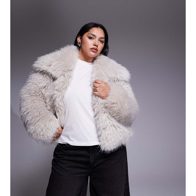 ASOS Curve ASOS DESIGN Curve cropped faux fur jacket in cream-White 108293766