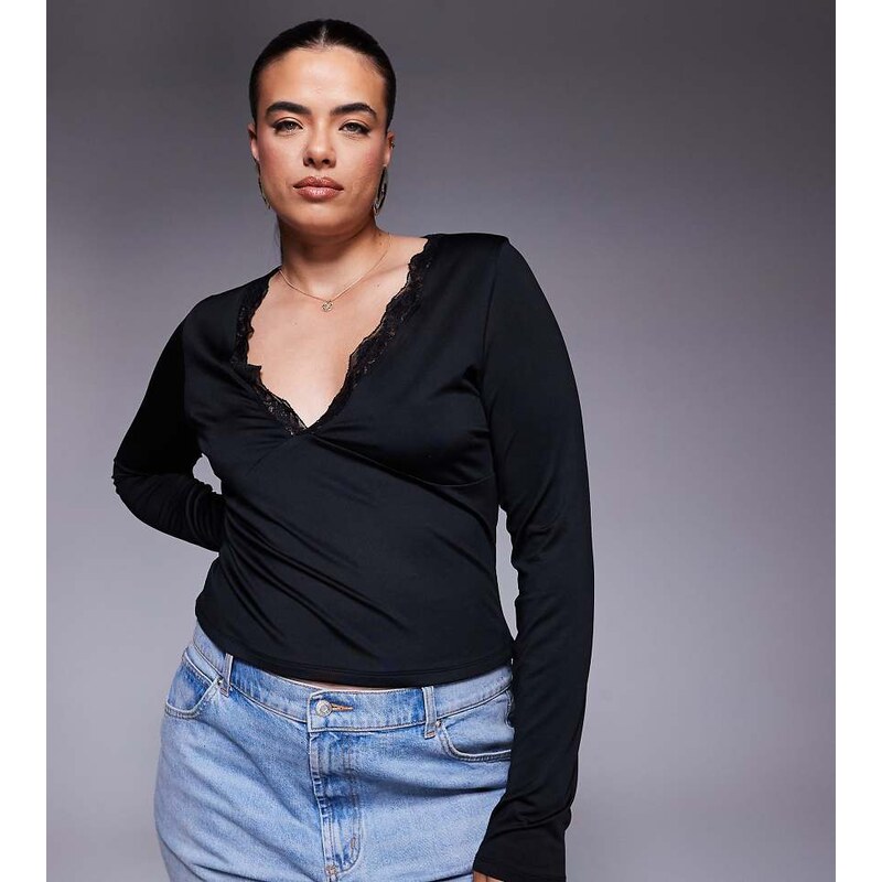 ASOS Curve ASOS DESIGN Curve slinky long sleeve deep v neck top with 108293783