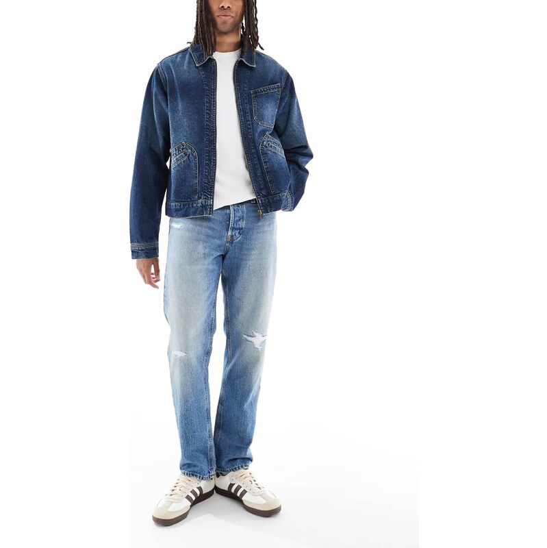 Jack & Jones Chris straight jeans with rip and repair in blue