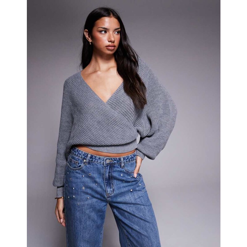 Tiger Mist Raven ribbed knit off shoulder wrap front balloon
