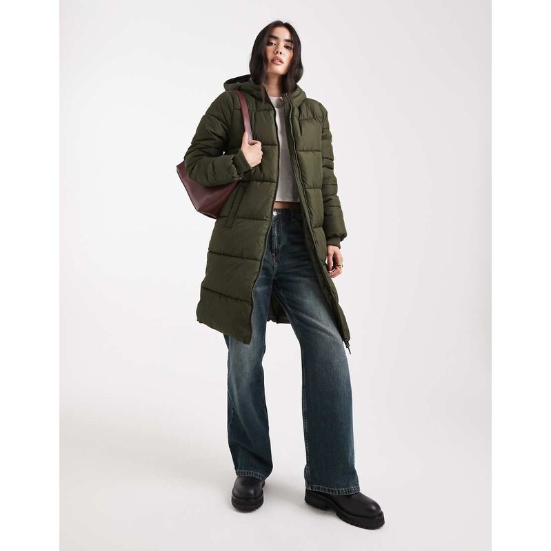 Pieces hooded longline padded coat in deep khaki-Green 110319263