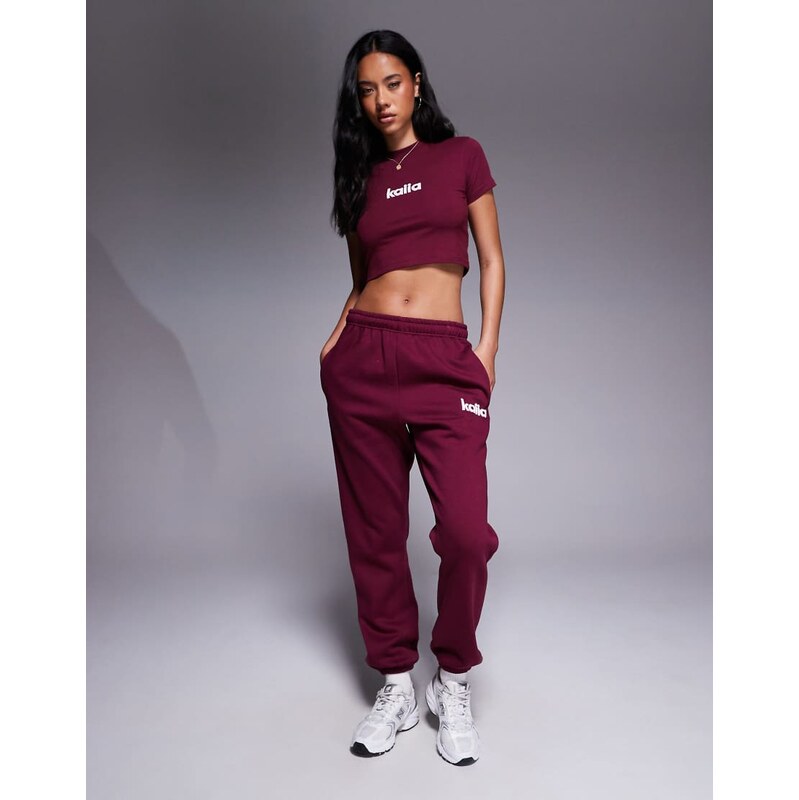 Kaiia cotton rich embroidered logo cuffed jogger co-ord in