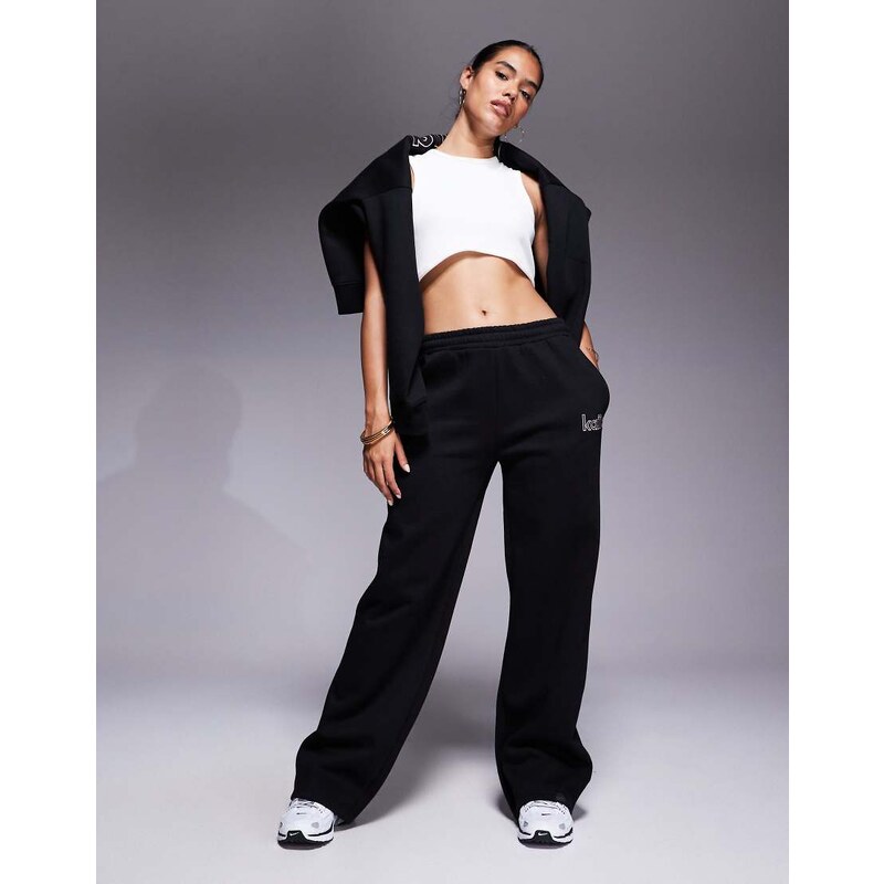 Kaiia cotton rich logo wide leg joggers co-ord in black and pink 108433272