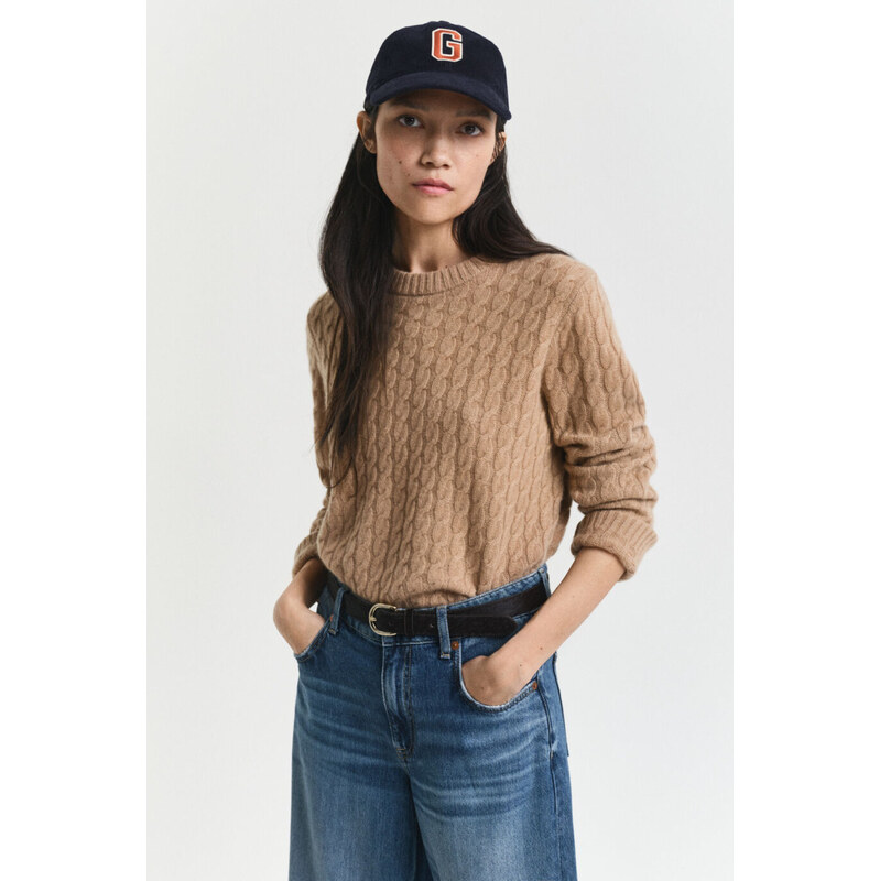 SVETR GANT CASHMERE CABLE C-NECK WARM KHAKI