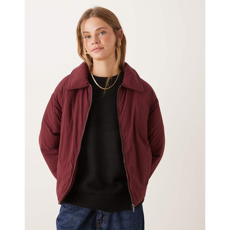 ASOS DESIGN puffer jacket with top collar in burgundy-Purple