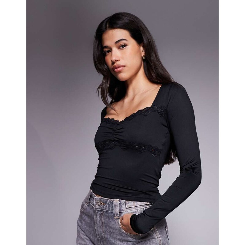 ASOS DESIGN slinky lace trim square neck ruched front long